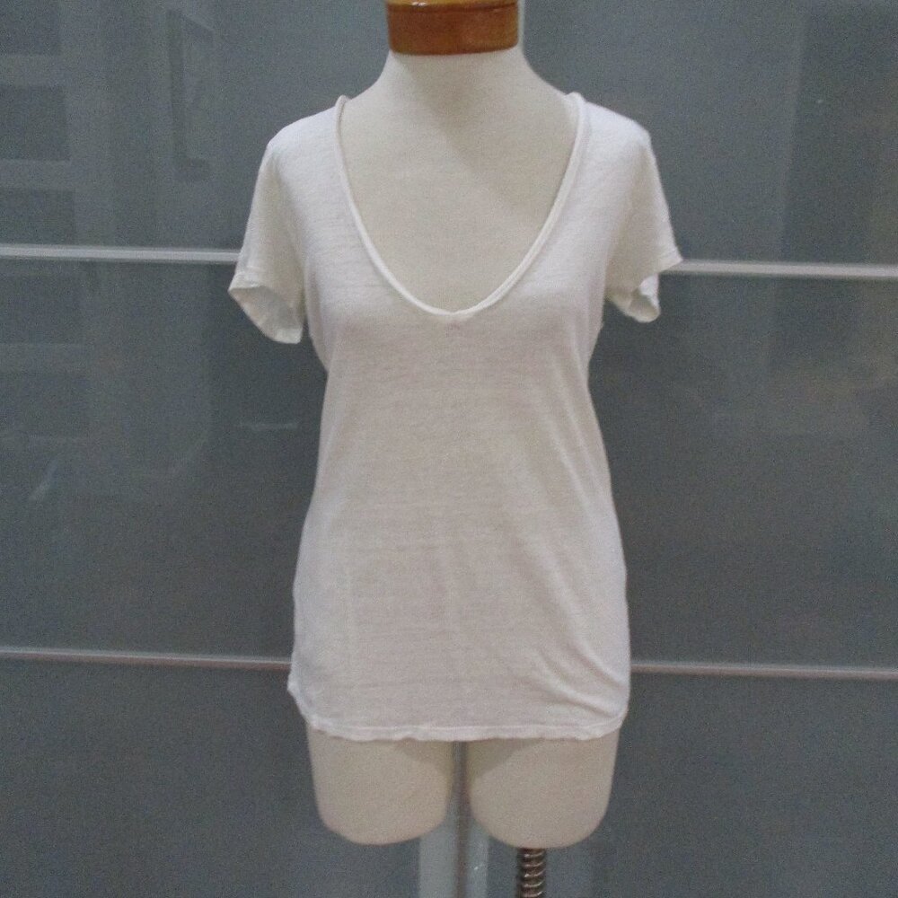lanhtropy Short Sleeve V-Neck Linen Beige T-Shirt